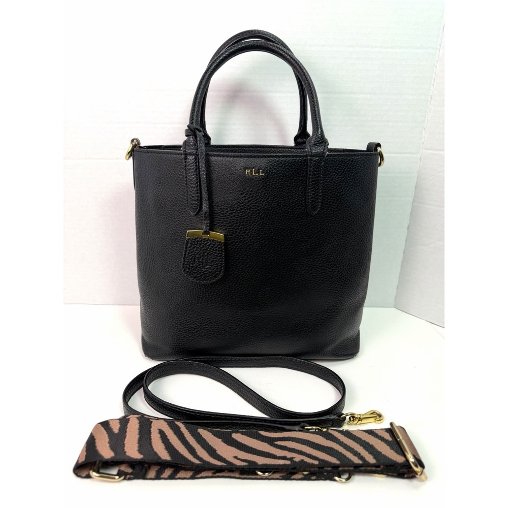 Lauren Ralph Lauren Black Pebbled Satchel Crossbody Bag Gold Logo + Extra Strap